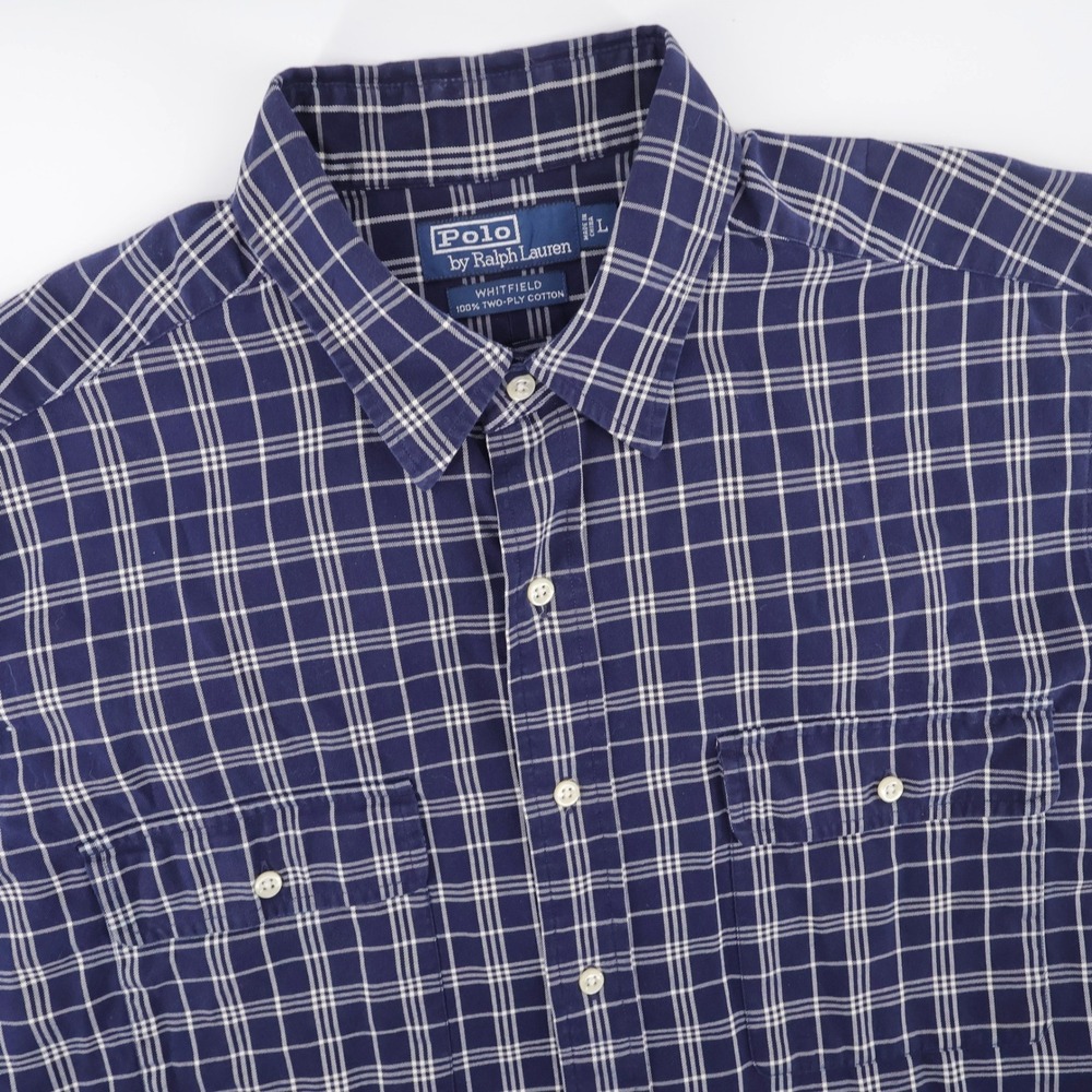 Polo Ralph Lauren Whitfield Plaid Shirt Navy Long Sleeve Mens Large 2 Pockets